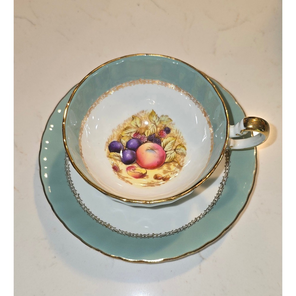 Aynsley England Orchard Fruit Teacup Saucer Set Seafoam Green Gold Gilt Vintage